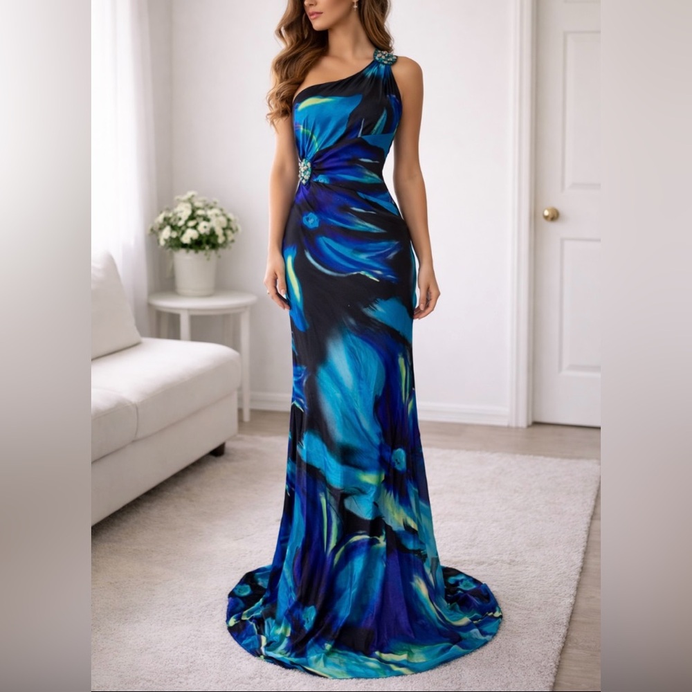 Vintage Hailey Logan by Adrianna Papell One Shoulder Blue and Black Dress